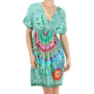 Desigual Green V-Neck 00s Boho Fairy Mini Dress Artsy Mandala Print Lace Trim M